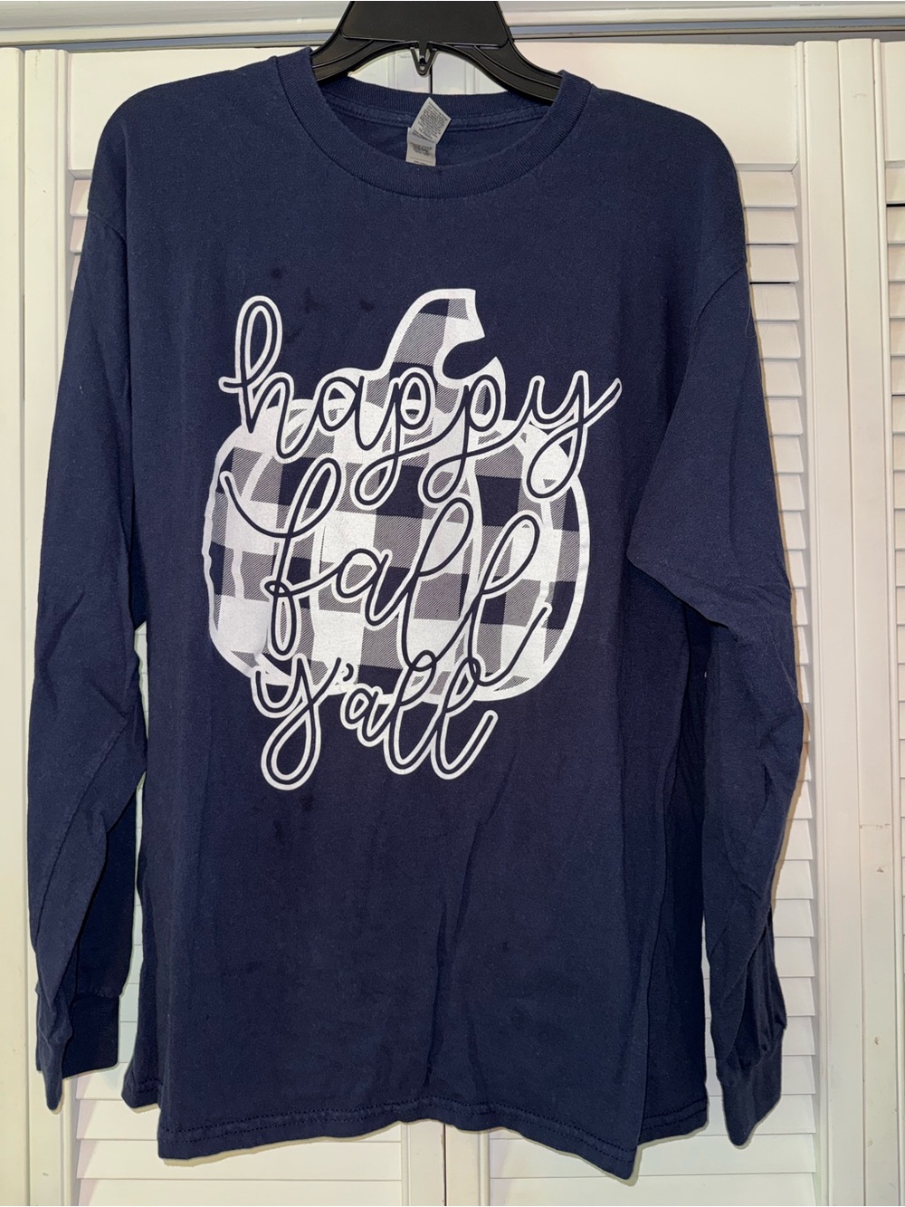 Gildan Navy Long-Sleeve Tee with White Buffalo-Check Pumpkin Script